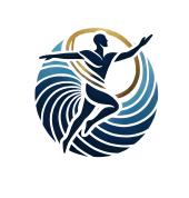 The logo for Daniel da Cruz Physiotherapy features a dynamic, stylized silhouette of a human figure in mid-motion, symbolizing vitality and recovery. The figure, depicted in solid black, is positioned within a circular design, with one arm extended upward